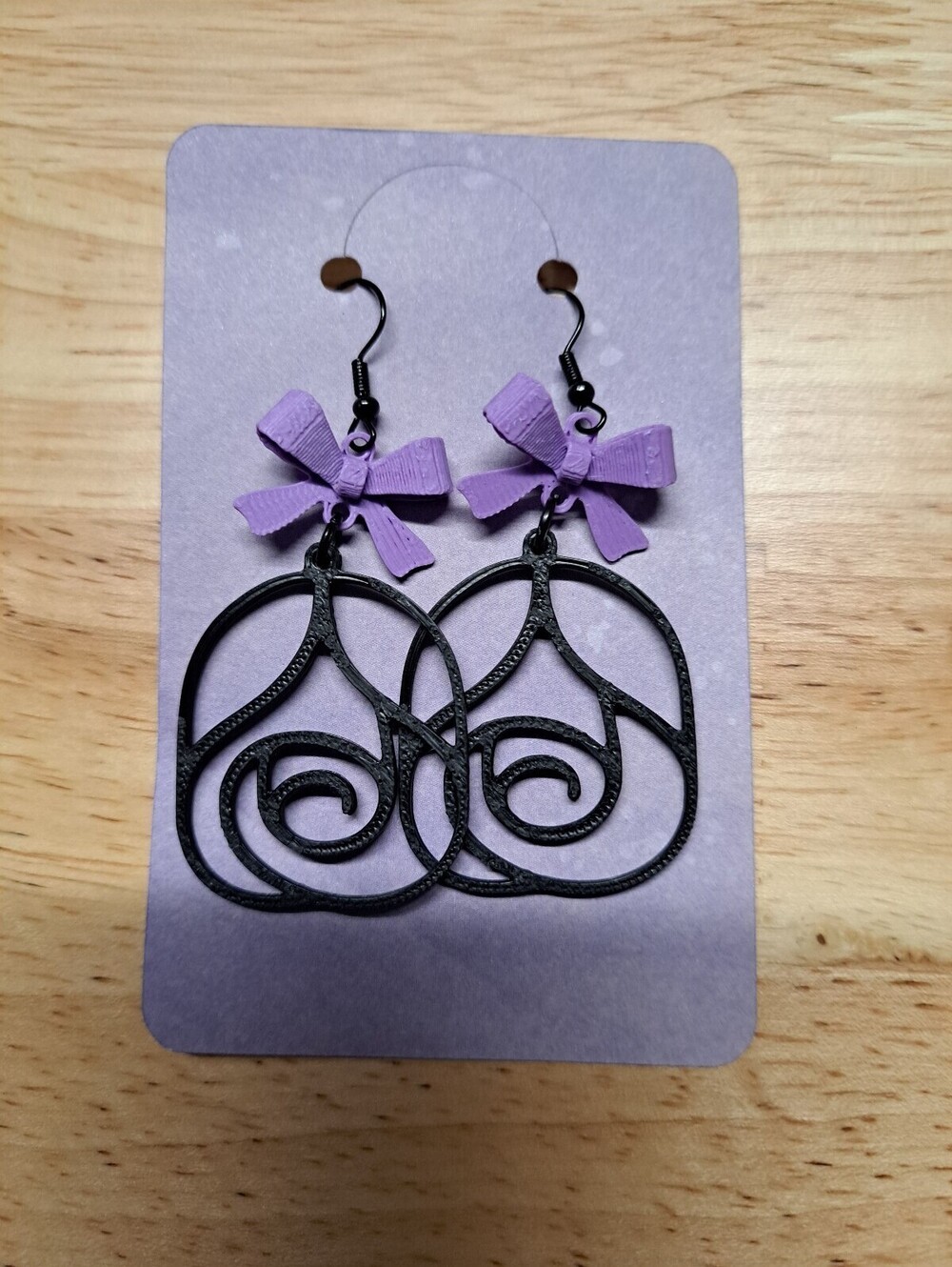 Handmade Artisan Stylish Black Rose Swirl Earrings with Purple Bow Accent nwot